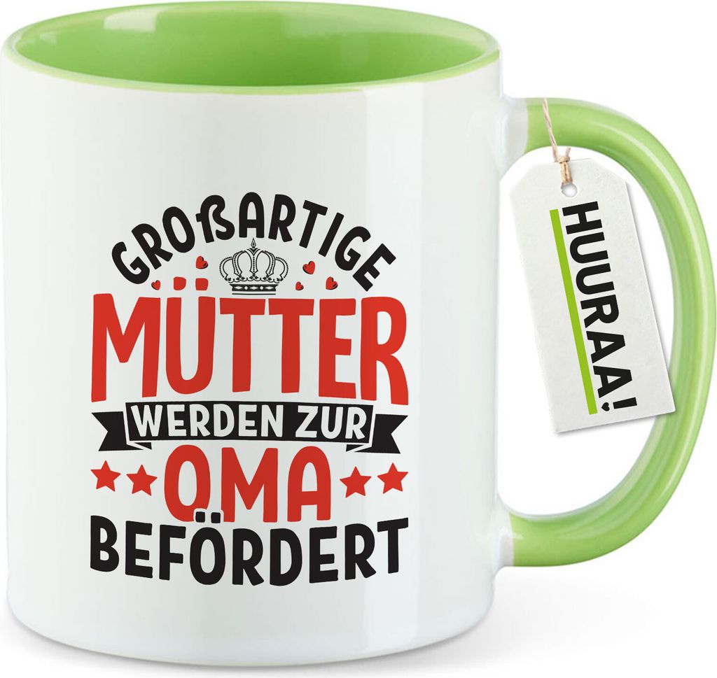 Huuraa Kaffeetasse Großartige Mütter werden zur Oma befördert 330ml Grün Keramik Kaffeebecher Geschenkidee
