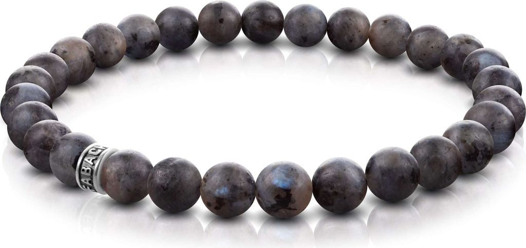 FABACH Labradorit Perlenarmband mit 6mm Edelstein-Perlen und 925 Sterling Silber Logo-Perle - Edles Naturstein Stretch-Armband für Damen (Grau-Sch...