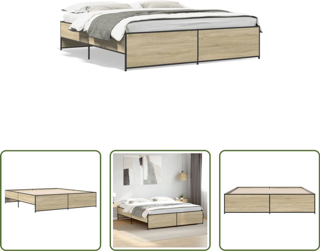 The Living Store Bettgestell Sonoma-Eiche 200x200 cm Holzwerkstoff und Metall