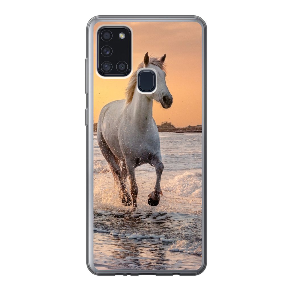 MuchoWow Handyhülle Schutzhülle Hülle für Samsung Galaxy A21s Pferde - Sonne - Meer - Strand - Tiere Silikon Softcase Handy Hülle - Hartschale