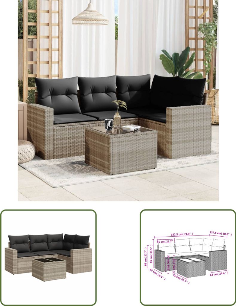 The Living Store 5-tlg. Garten-Sofagarnitur mit Kissen Hellgrau Poly Rattan