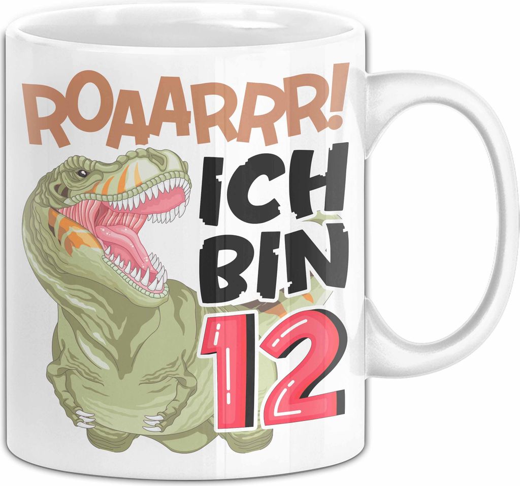 12. Geburtstag Geschenk Tasse Becher Jungs Dino T-Rex Roaarrr Ich Bin 12 (Weiß)