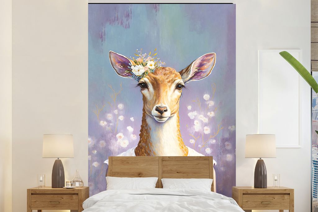 MuchoWow Fototapete für Wohnzimmer oder Schlafzimmer Wandtapete Vinyl Motivtapete Hirsche - Blumen - Gemälde - Porträt - Tiere - 145x220 cm - ...