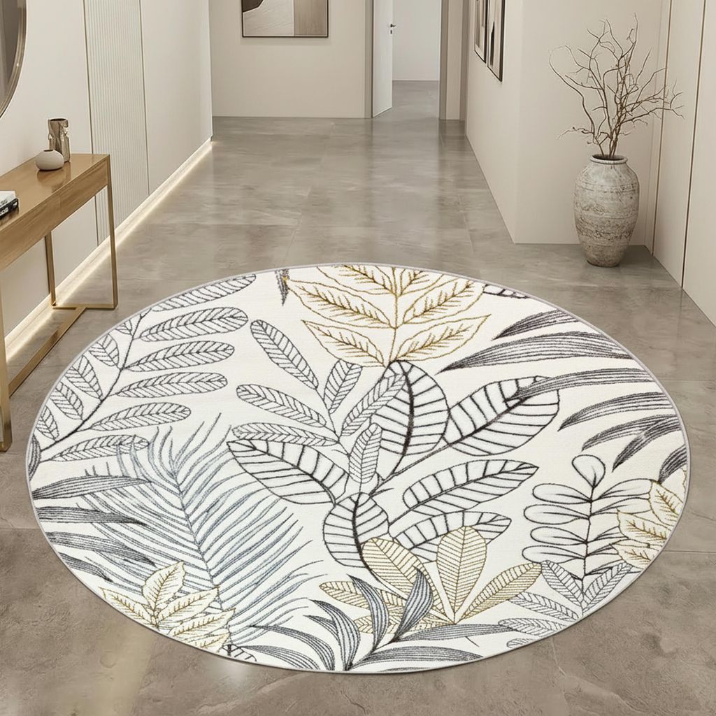 Kurzflorteppich Creme Blätterdesign mit Glanzoptik modern strapazierfähig für Wohnzimmer und Schlafzimmer Größe - 160 cm Rund
