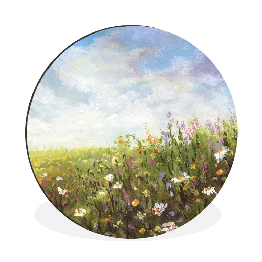 MuchoWow Aluminium Wandkreis Sommer - Blumen - Ölfarbe Ø 30 cm Wanddeko Modern Wohnzimmer - Wand Bild - Wohnzimmer - Runde Bilder - Alubilder -...