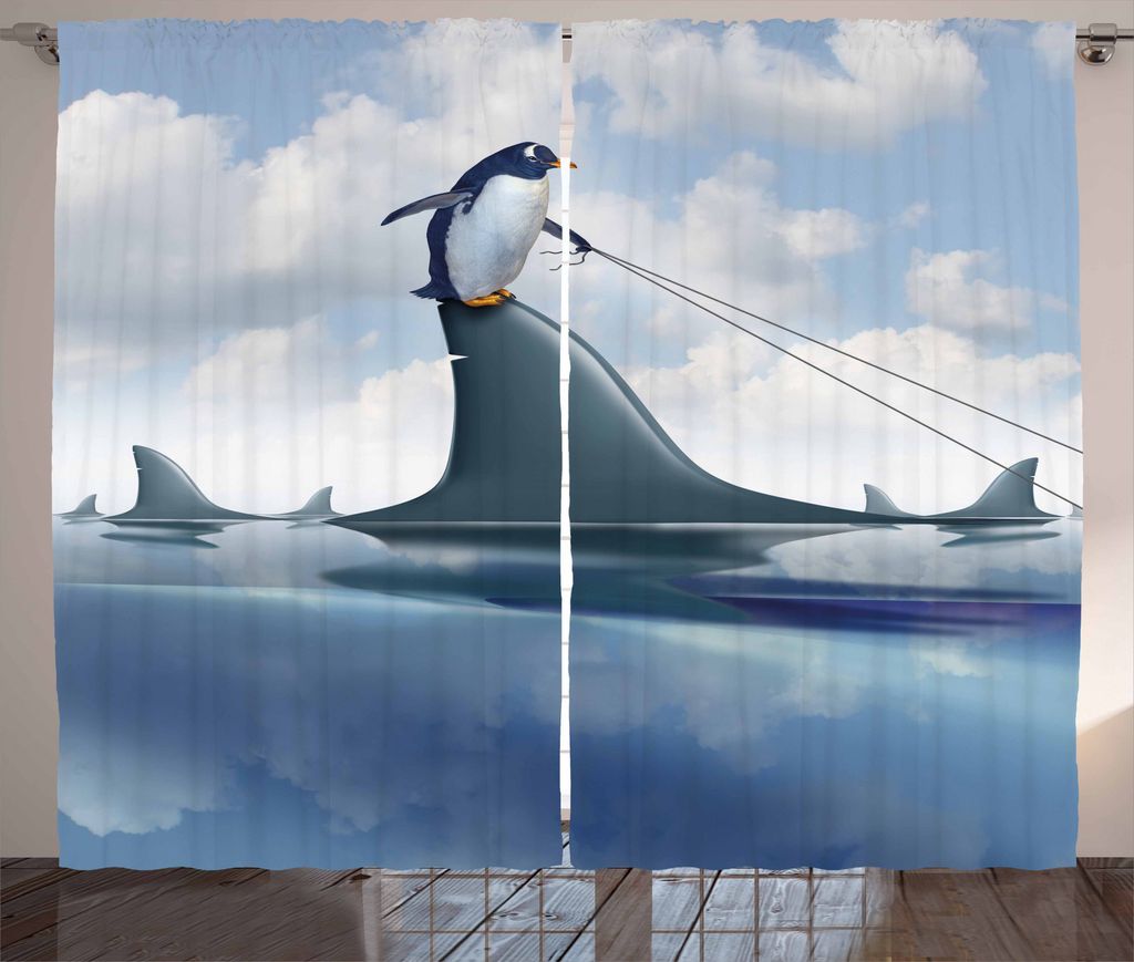 ABAKUHAUS Hai Rustikaler Vorhang, Pinguin, der Wilde Fische anhält, Wohnzimmer Universalband Gardinen mit Schlaufen und Haken, 280 x 225 cm, Blau ...