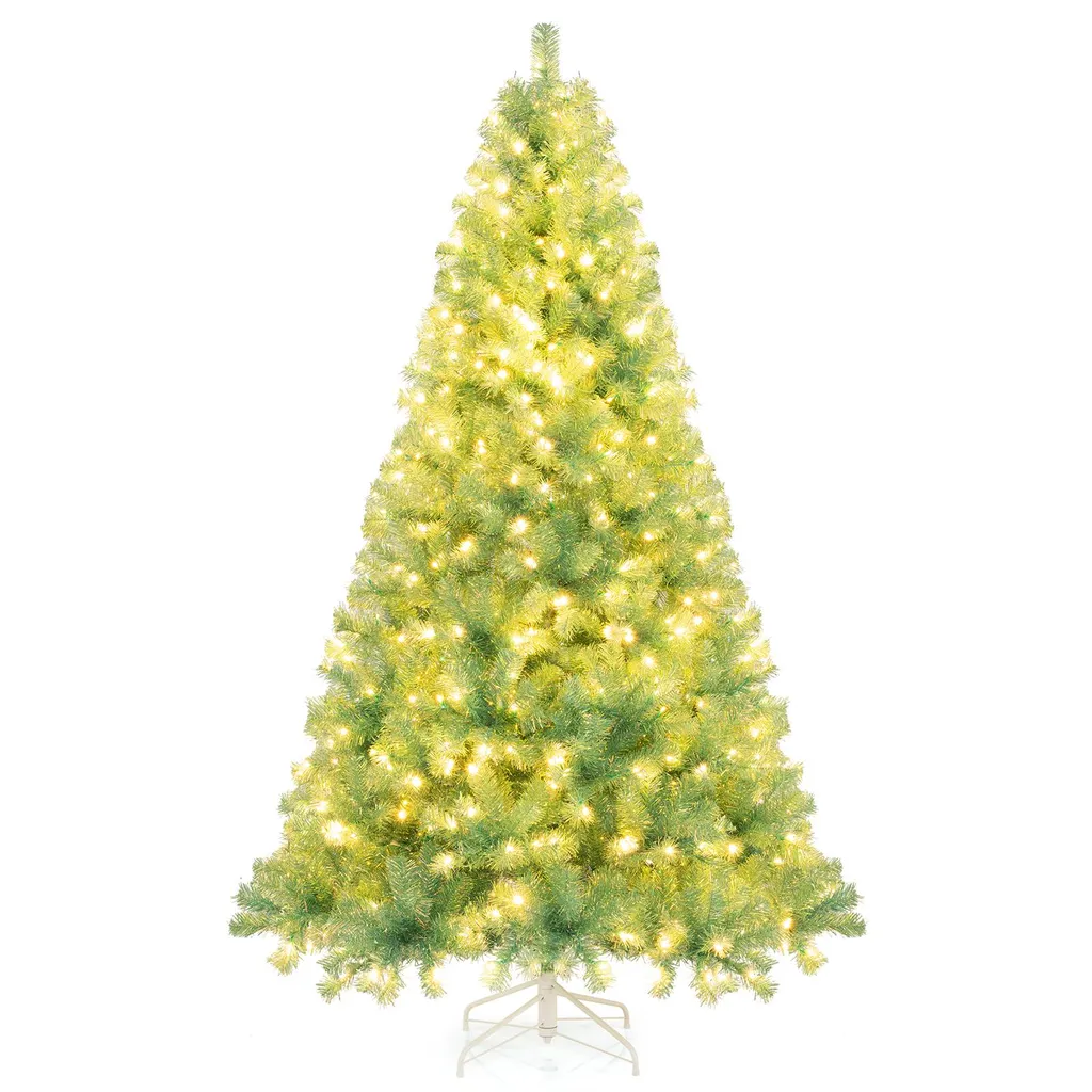 COSTWAY Sapin de Noël Artificiel 225cm avec LED Blanc Chaud et Support
