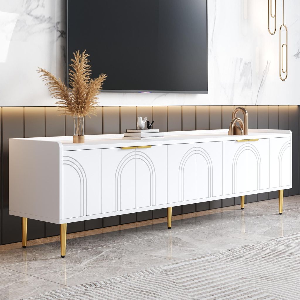 Merax TV-Schrank mit 3D-Türen, TV Lowboard mit goldene Griffe und Füße, TV-Ständer aus MDF, flexibler Stauraum für Wohnzimmer, Kabelmanagement...