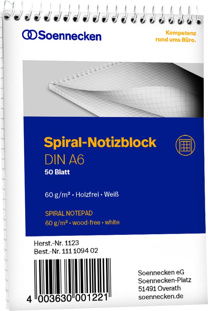 Soennecken Notizblock 1123 DIN A6 60g kariert 50Blatt weiß