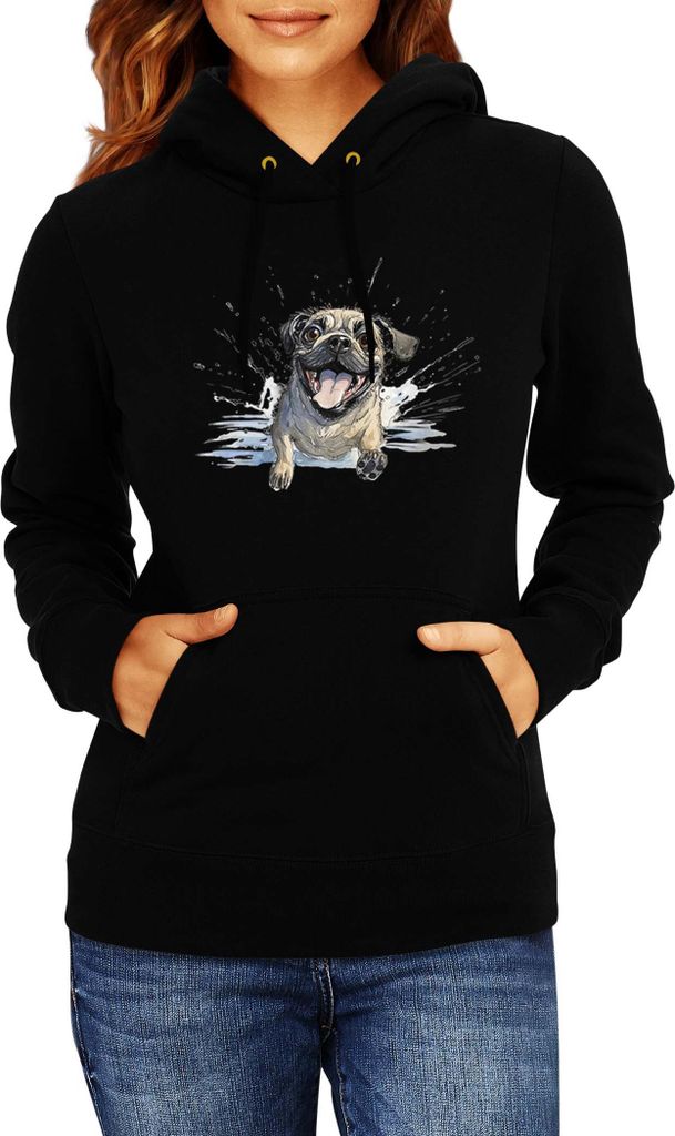 Damen Kapuzenpullover Funny Dogs Breeds Pug Dog Breed 010, Lady S / Schwarz