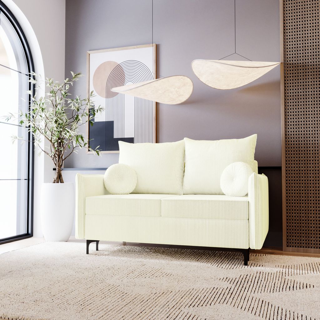 BESILIO Kleines Sofa mit Schlaffunktion 145 cm Lion Small – Modernes Sofa, Sofa mit Beinen, Schlafsofa – Cordstoff – Cremig – Poso 38