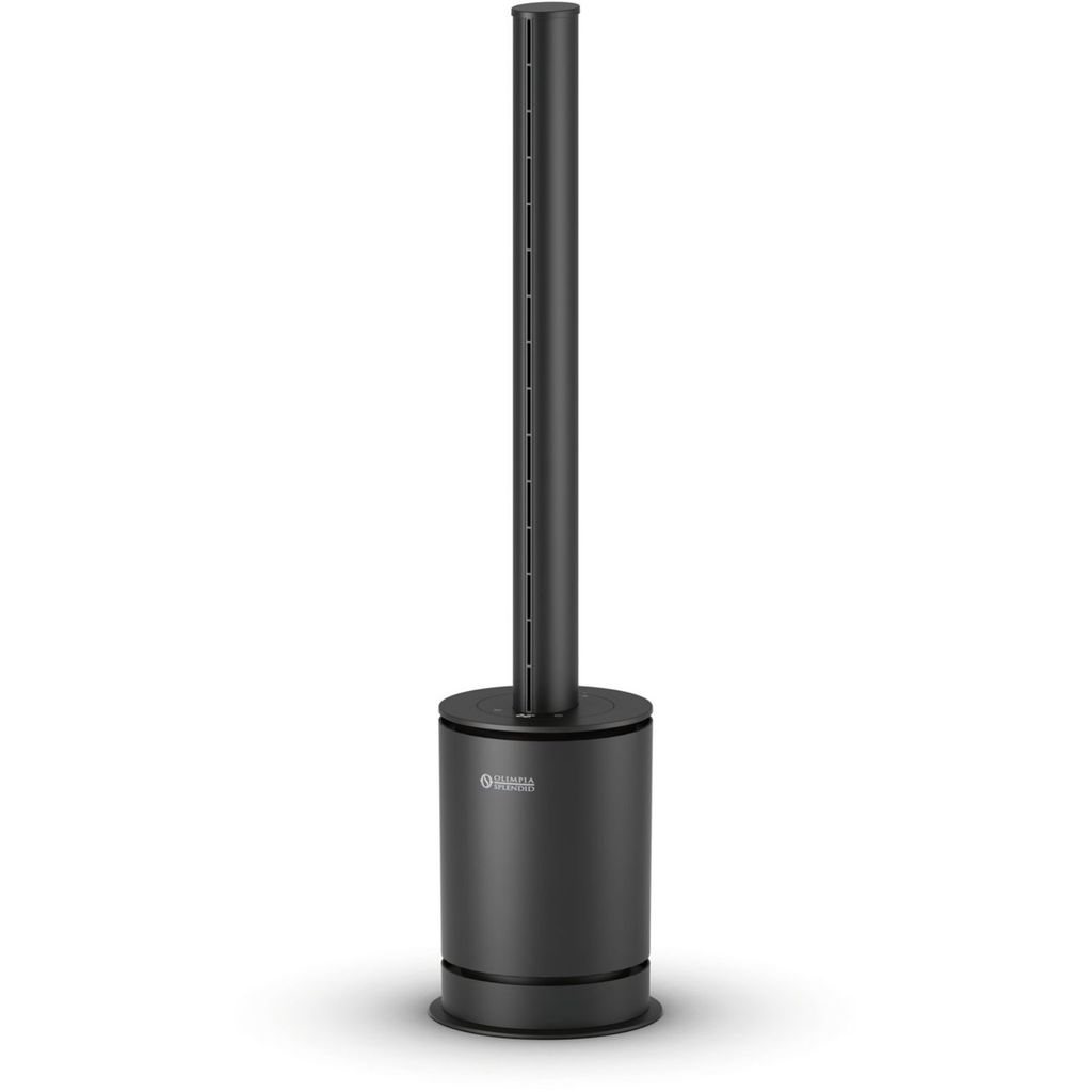 A black tower fan on a white background.
