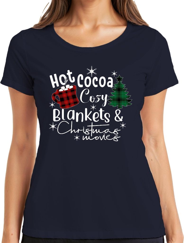 Hot Cocoa Cozy Blankets Christmas movies plaid mug snowflake Damen T-Shirt, Navy, S