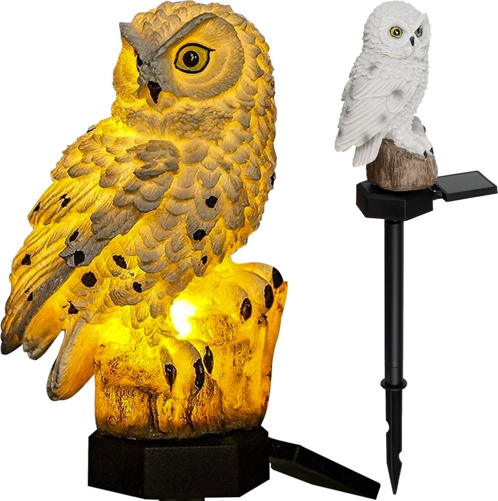 Two solar-powered owl garden lights on a white background.