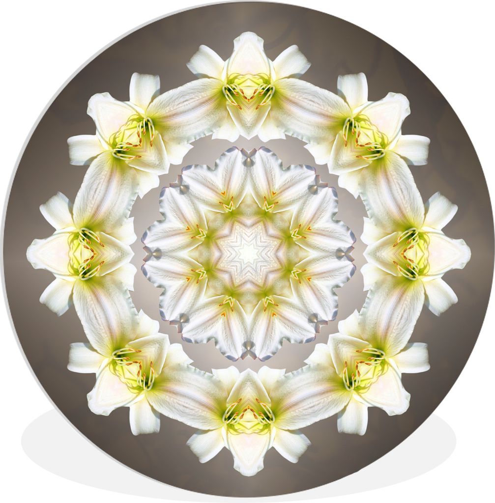MuchoWow Rundes Wandbild - Runde Bilder Eine weiße Blume in Form eines Mandalas Ø 30 cm Kreis Wanddekoration Kunststoff - Wandkreis - Wandschmu...