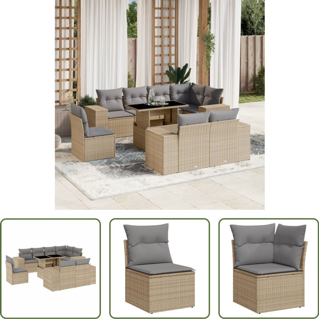 The Living Store 9-tlg. Garten-Sofagarnitur mit Kissen Beige Poly Rattan