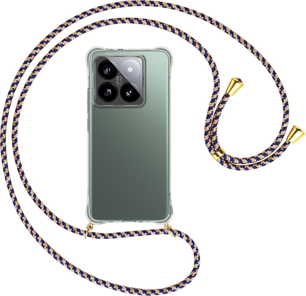 Handykette Backcover-Schutzhülle mit Band (Metall goldfarben) für Xiaomi 14T Pro 5G - blau+beige