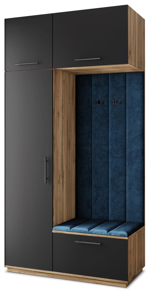 Masseno Garderobe-Set REMA 120/240/60 cm Modern Garderobenschrank Eiche Wotan, Veloursstoff MONOLITH 77 (Blau)