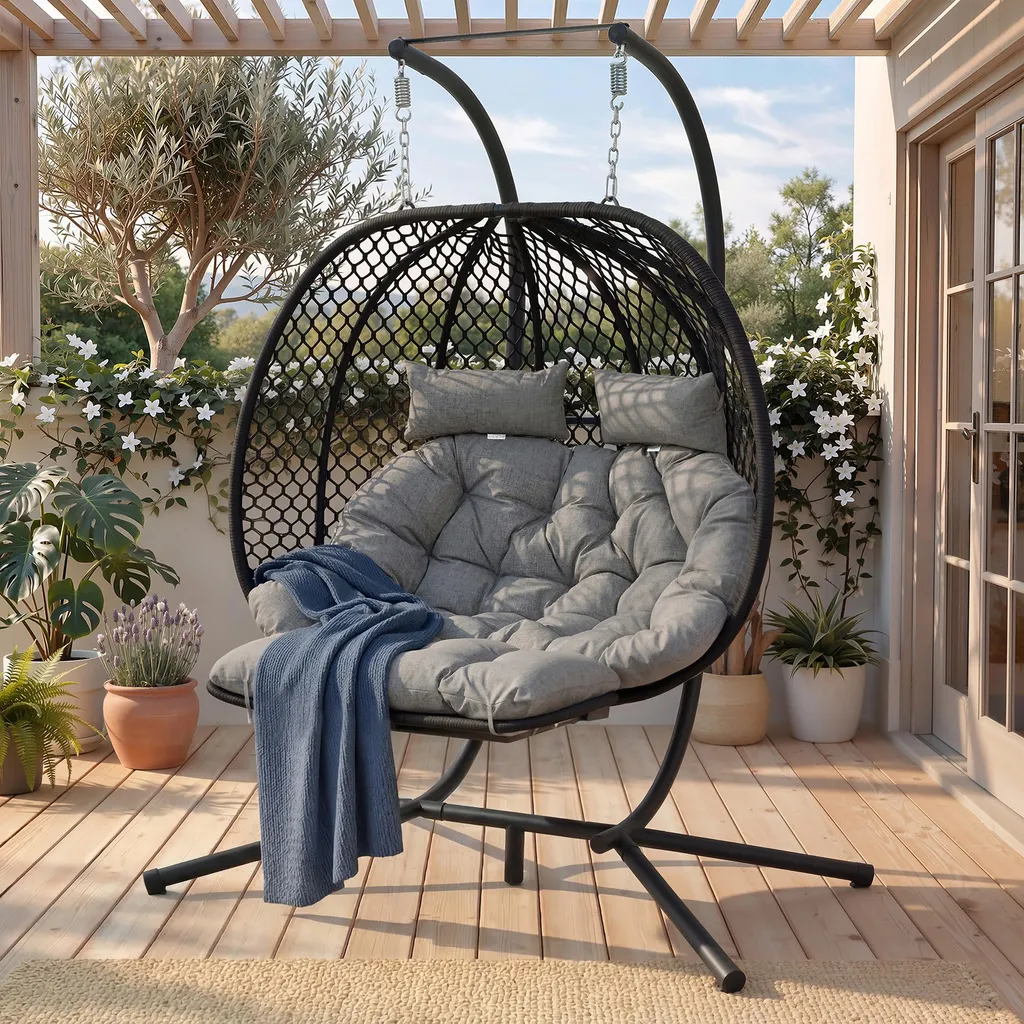 Balancelle de Jardin Double Design Œuf avec Coussins et Pied - Gris