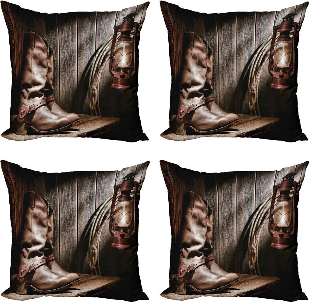 ABAKUHAUS Western Kissenbezug Set (4 Stück), Vintage Cowboys Bench, Moderner Doppelseitiger Digitaldruck, 40 cm x 40 cm, Braun