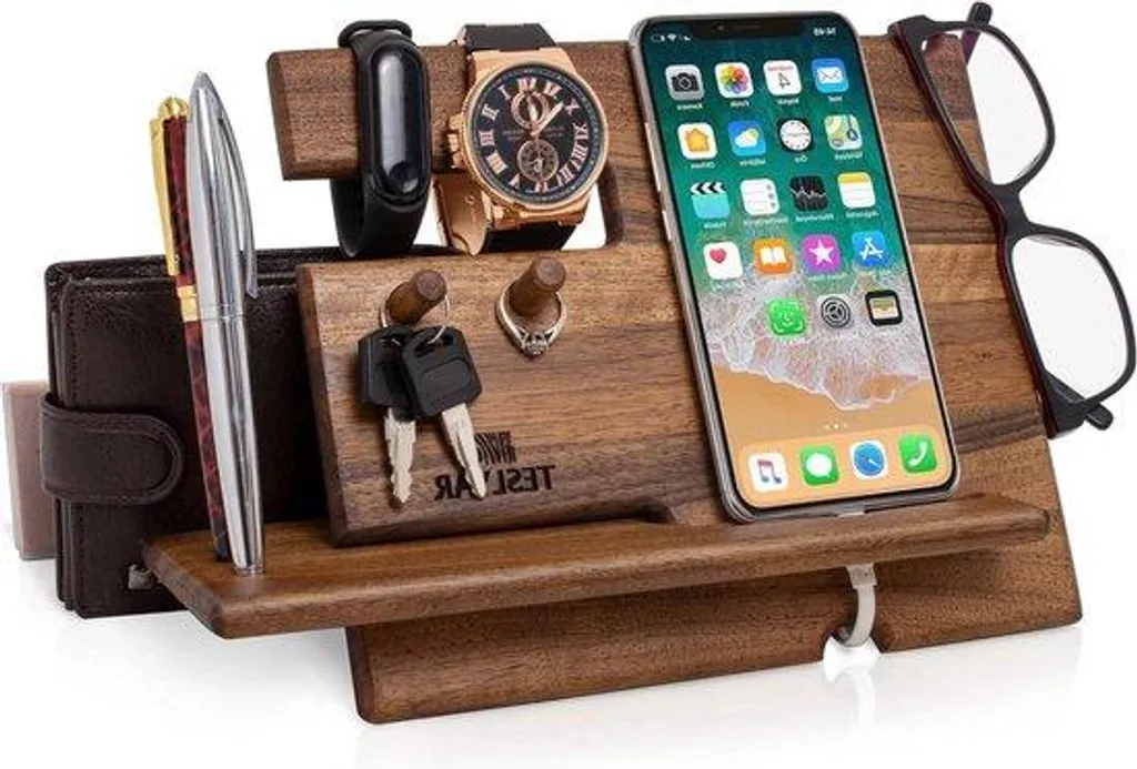 Organiseur de bureau pour homme en bois massif avec support de montre