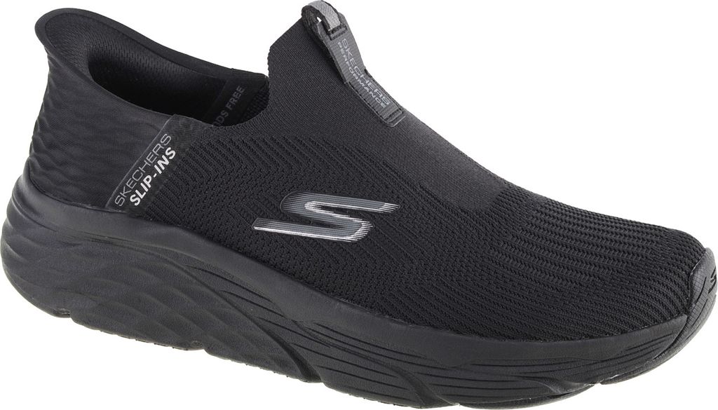 A single black Skechers slip-on shoe is shown from a side-diagonal angle against a white background.