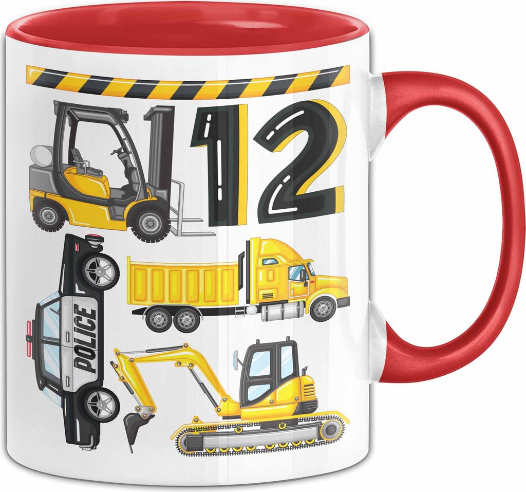 12. Geburtstag Geschenk Tasse Becher Jungen Jungs Baustelle Polizei Geburtstagsgeschenk 12 (Rot)