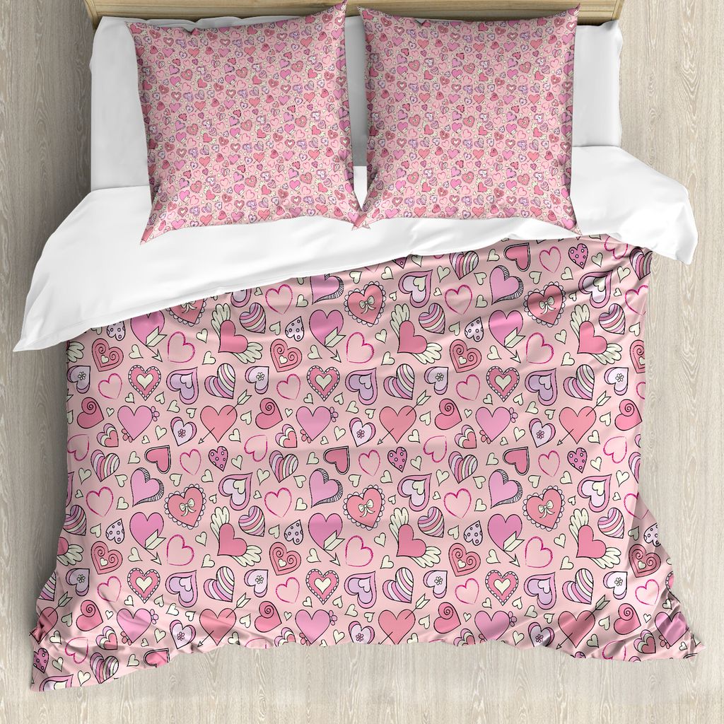 ABAKUHAUS Liebe Bettbezug, Romantisches Doodle Herz, Milbensicher Allergiker geeignet mit Kissenbezügen, 155 cm x 220 cm - 80 x 80 cm, Coral Pink ...