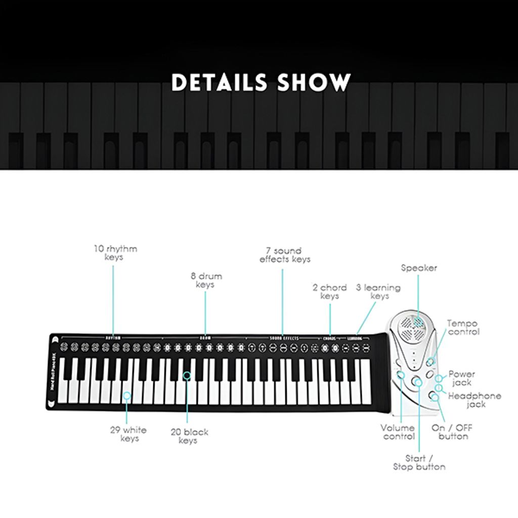 Skládací piano 83x22,5 cm se zvukovou mechanikou, funkcí Obrázek produktu 9