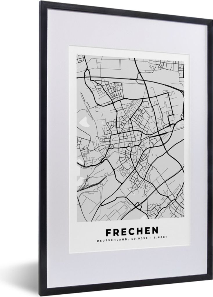 MuchoWow Gerahmtes Poster Stadtplan - Karte - Deutschland - Frechen 40x60 cm - Poster mit Schwarzem Bilderrahmen Wandposter Rahmen Foto Bilder - ...