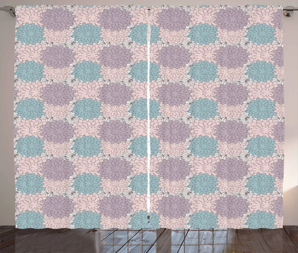 ABAKUHAUS Tenda rustica con fiori, crisantemo multi petalo, tenda con nastro arricciato per camera da letto con passanti e ganci, 280 x 175 cm, blu grigio grigio rosa