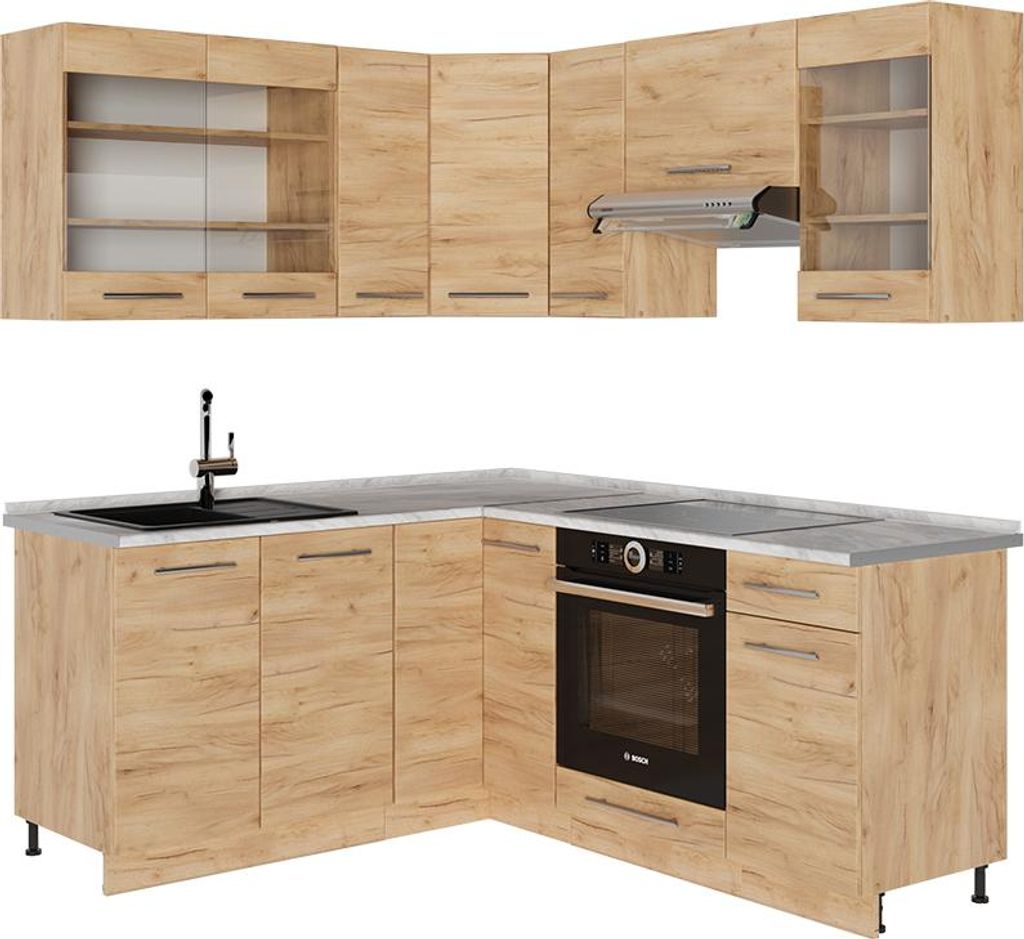 Vicco Eckküche Fame-Line, 190 x 60 cm , AP Marmor, Goldkraft Eiche/Goldkraft Eiche