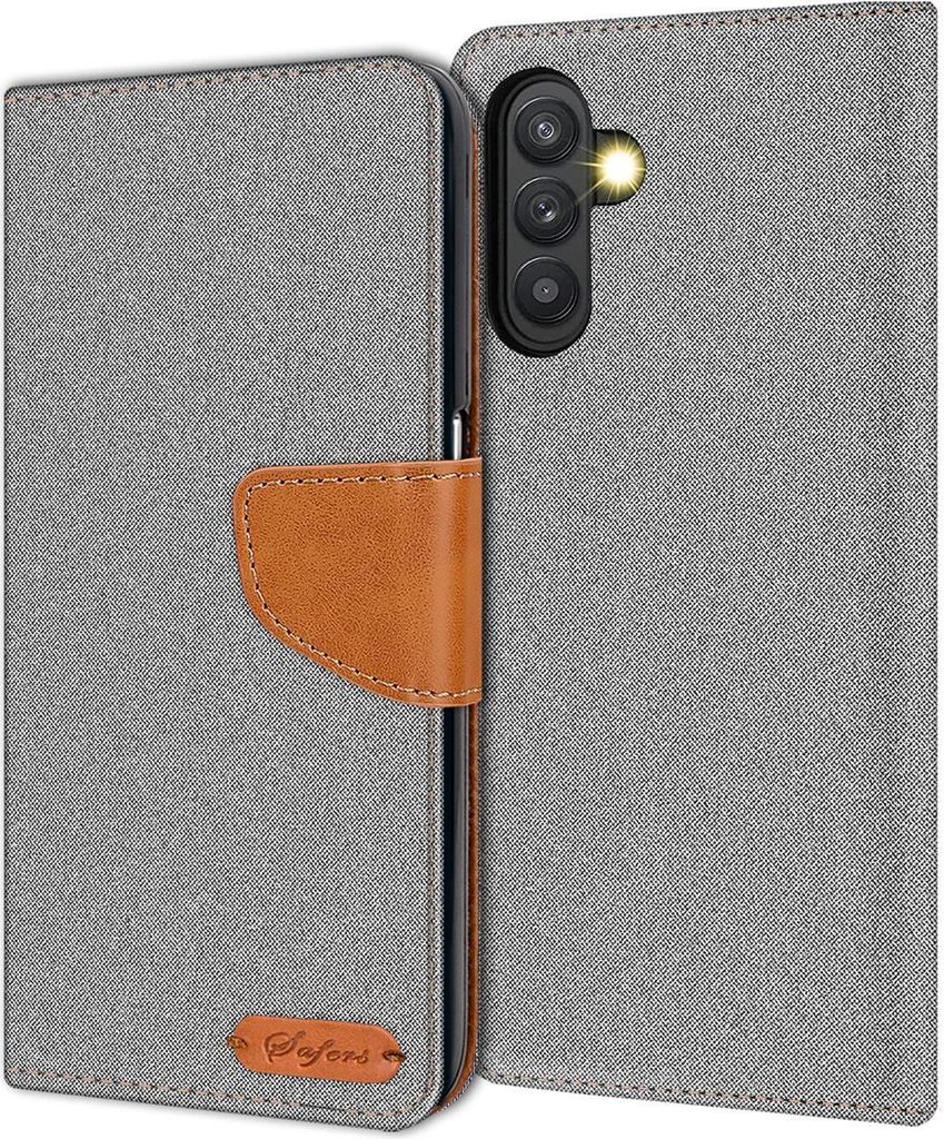 Conie Jeans Style Klapp Tasche für Samsung Galaxy A14 4G/5G Kartenfach Hülle Rundumschutz in Grau