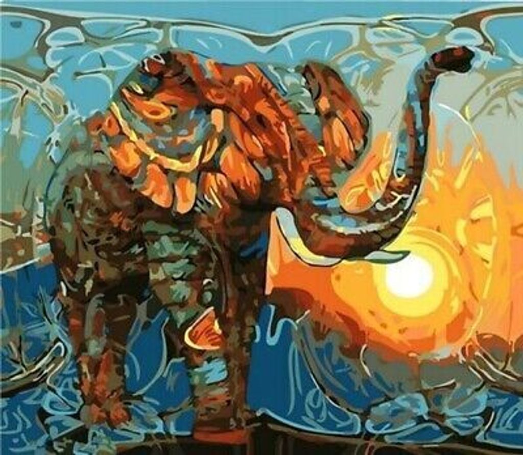 50x40 cm Malen nach zahlen Set mit Holzrahmen Die Sonne und der Elefant