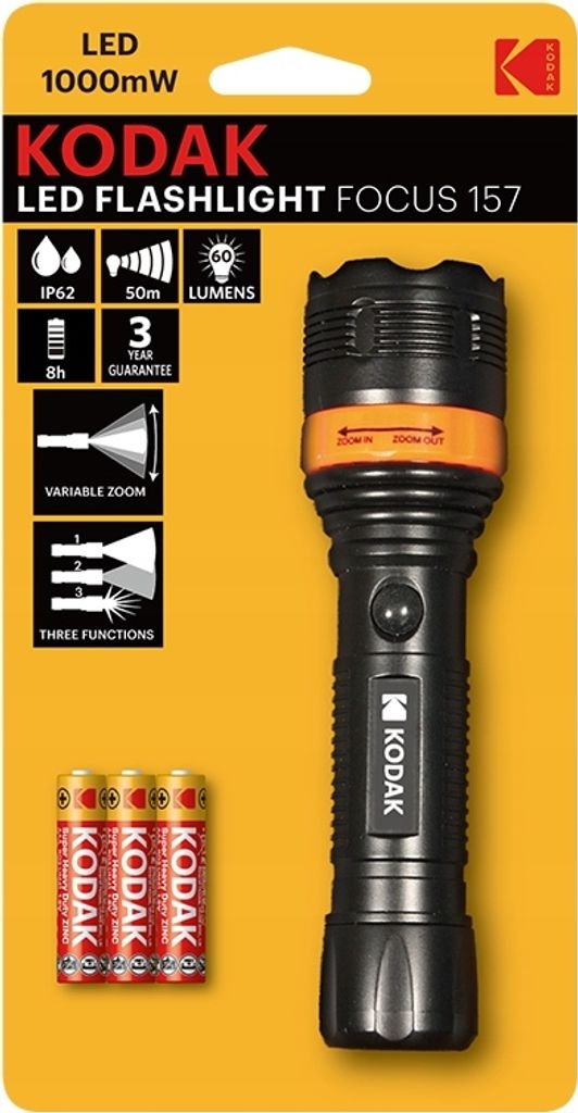 Latarka Turystyczna LED KODAK FOCUS 157 60lm IP62 ZOOM + 3 Zdjęcie produktu 