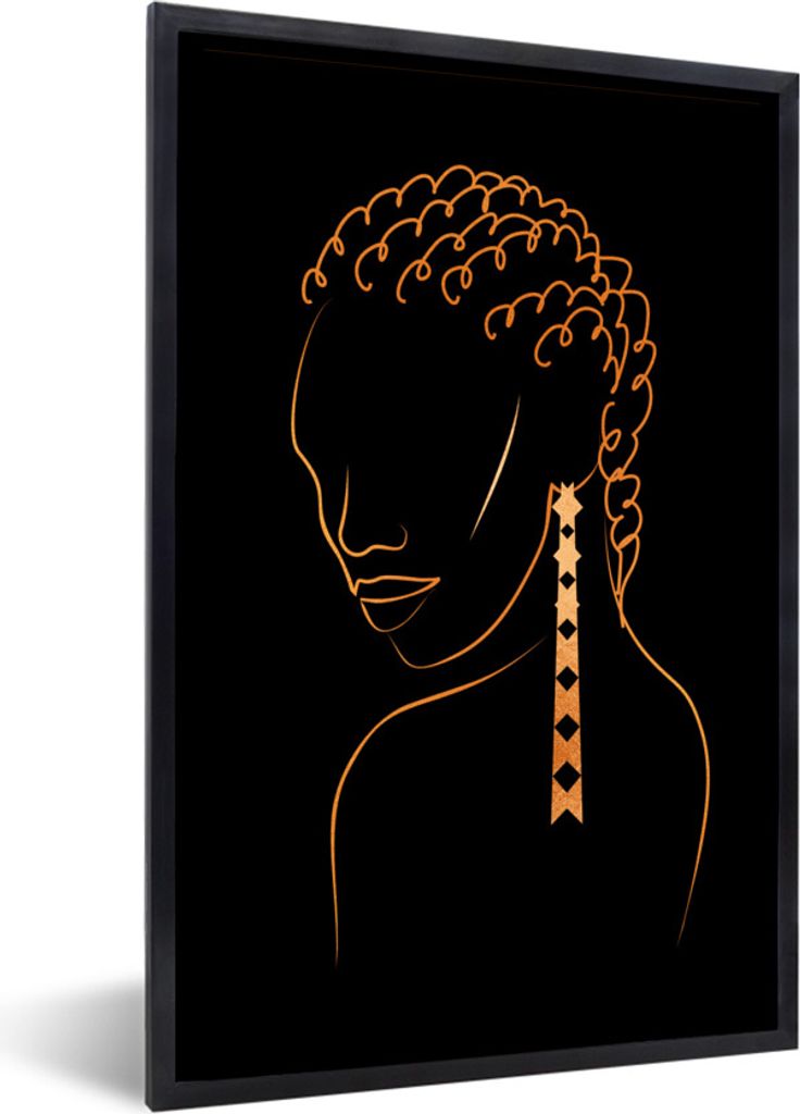 MuchoWow Gerahmtes Poster Frau - Gold - Ohrring - Strichzeichnung 20x30 cm - Poster mit Schwarzem Bilderrahmen Wandposter Rahmen Foto Bilder - Dr...