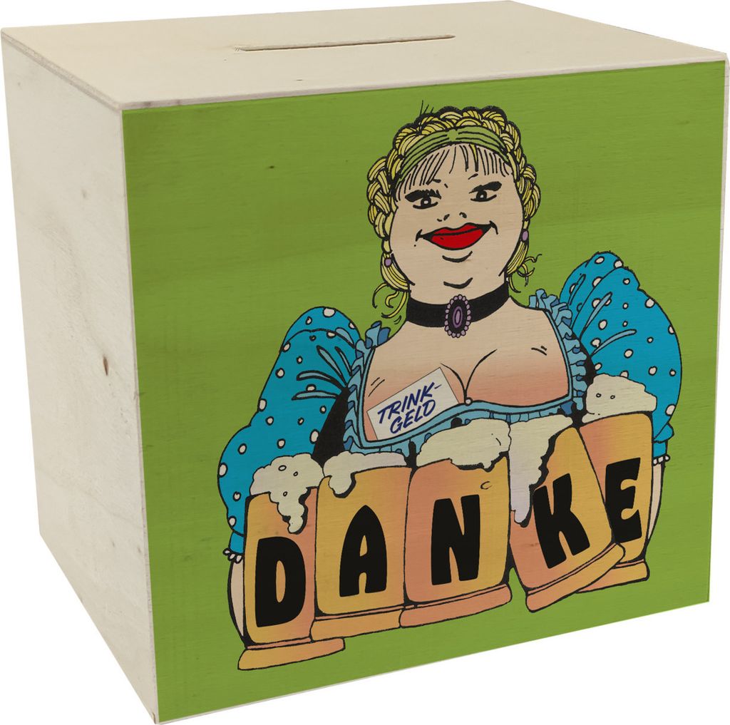 Bierzeltbedienung mit Maßkrügen DANKE Spardose aus Holz in grün für Trinkgeld