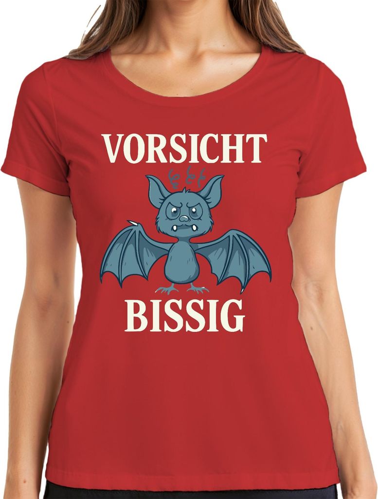 Vorsicht Bissig Fledermaus Halloween Lustig Geschenk Cartoon Damen T-Shirt, Rot, XXL