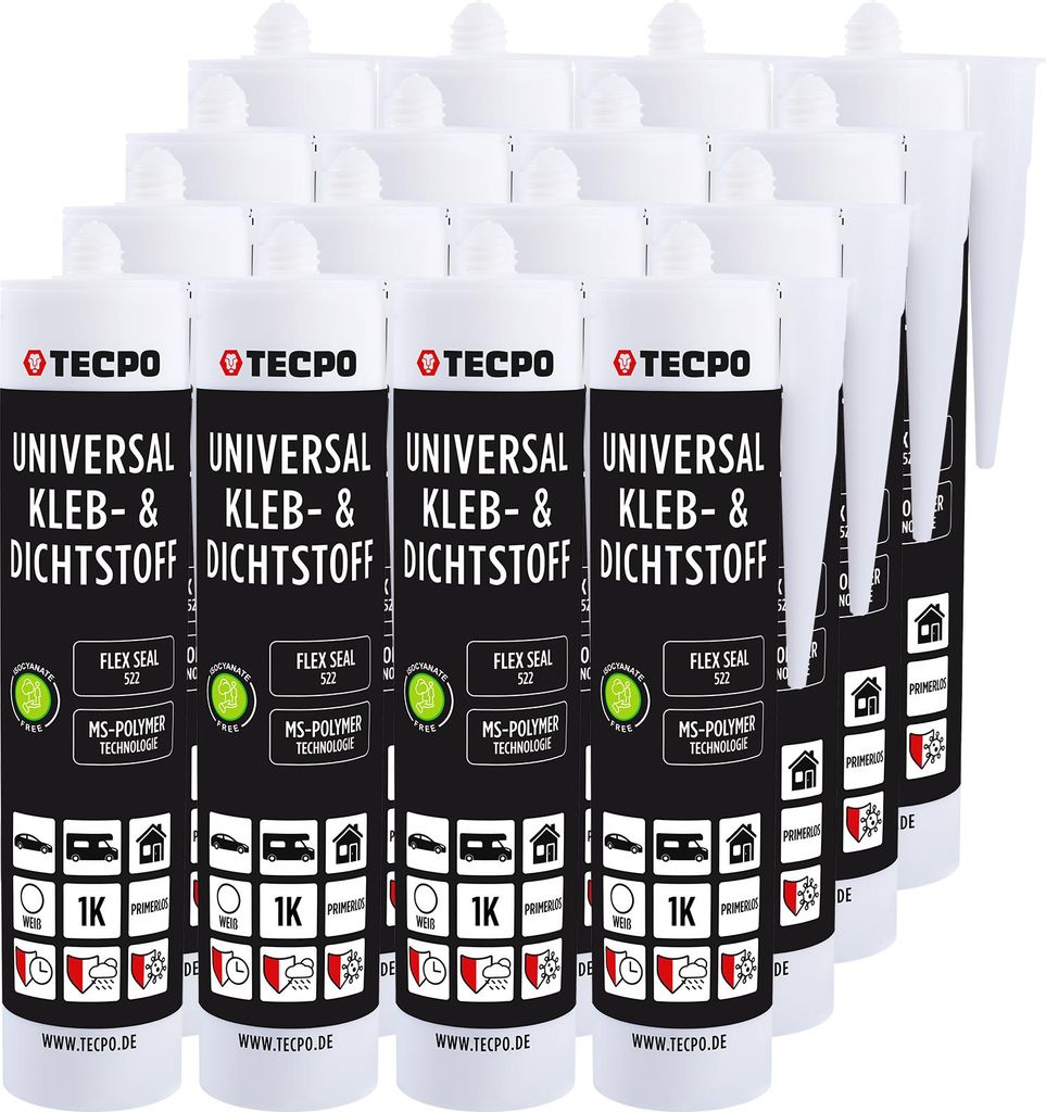 TECPO Universal Kleb- und Dichtstoff SMP Hybrid, 12x 480g Weiß Flex Seal 522 elastisch, silikonfrei, lösemittelfrei- KFZ Bau Industrie Innen und ...