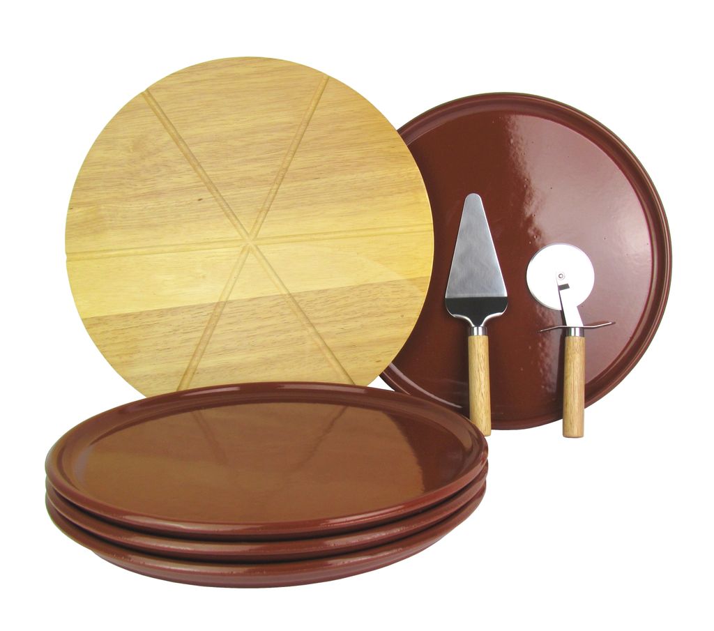 4er Set Mediterrane Pizzateller Ø 32cm inkl. Echtholz Pizzabrett Ø 35cm Edelstahl Pizzaschneider & Pizzaheber