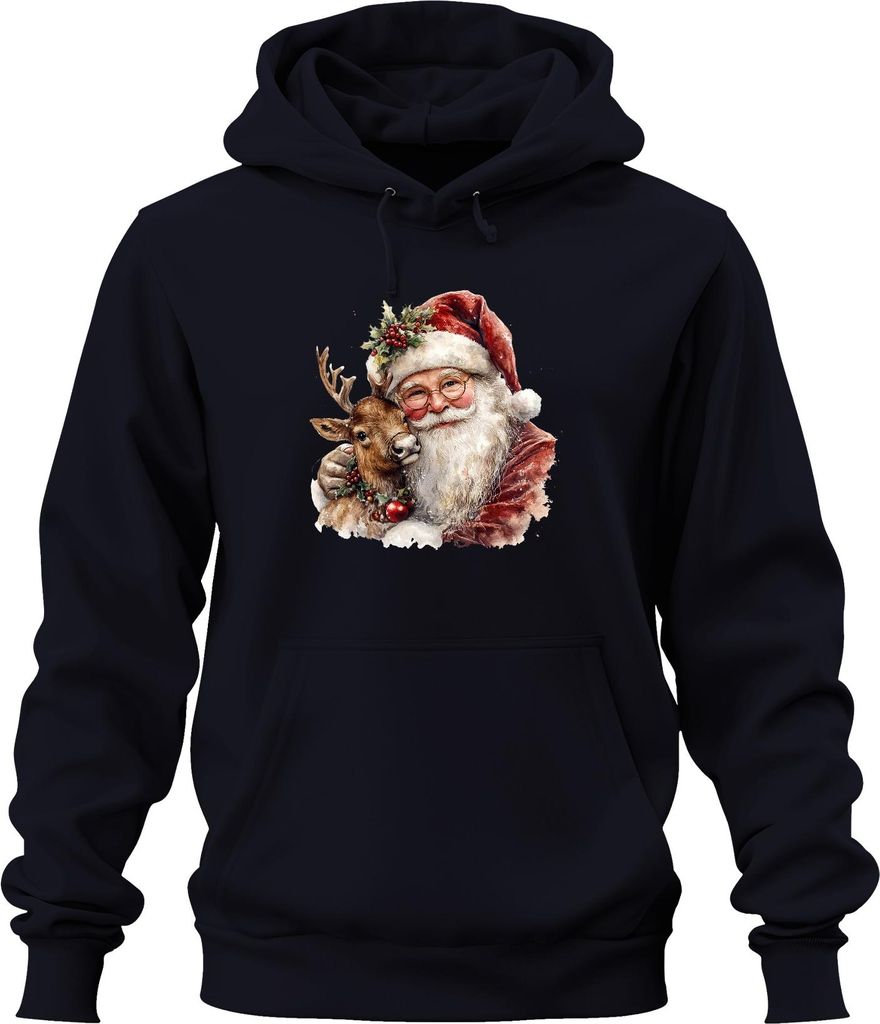 Weihnachtsmann mit Rentier Aquarell Vintage Geschenk Weihnachten Uni Hoodie Kapuzenpullover, Navy, XXL