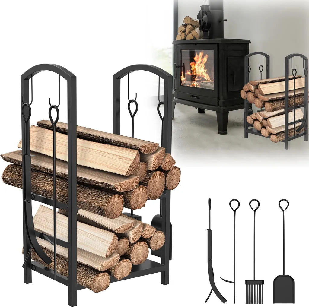 Étagère range-bûches pour salon : aide à l'empilage avec outils de feu