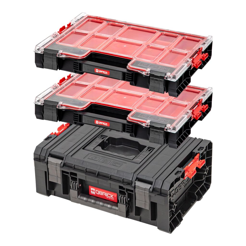 Three stacked toolboxes with clear red-lidded organizers on top of a black toolbox.