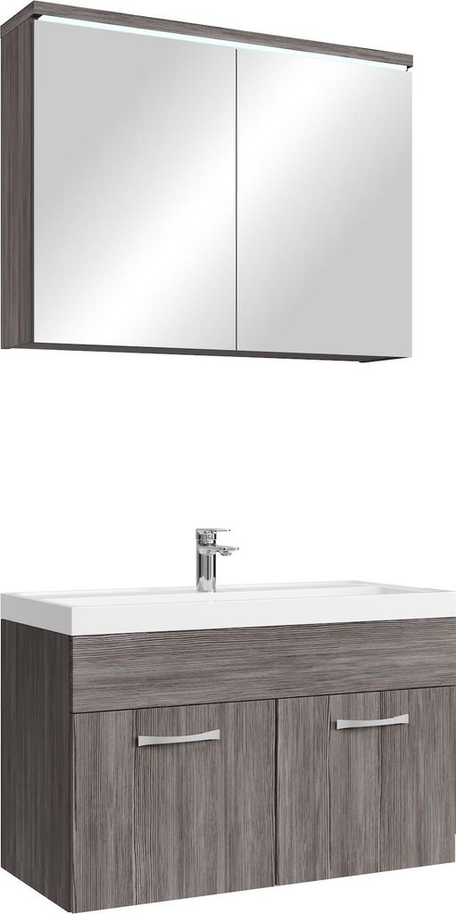 Badplaats Badmöbel Komplettset Paso 02 80 x 40 cm Grau Eiche - Badezimmermöbel mit Waschbecken und Spiegelschrank