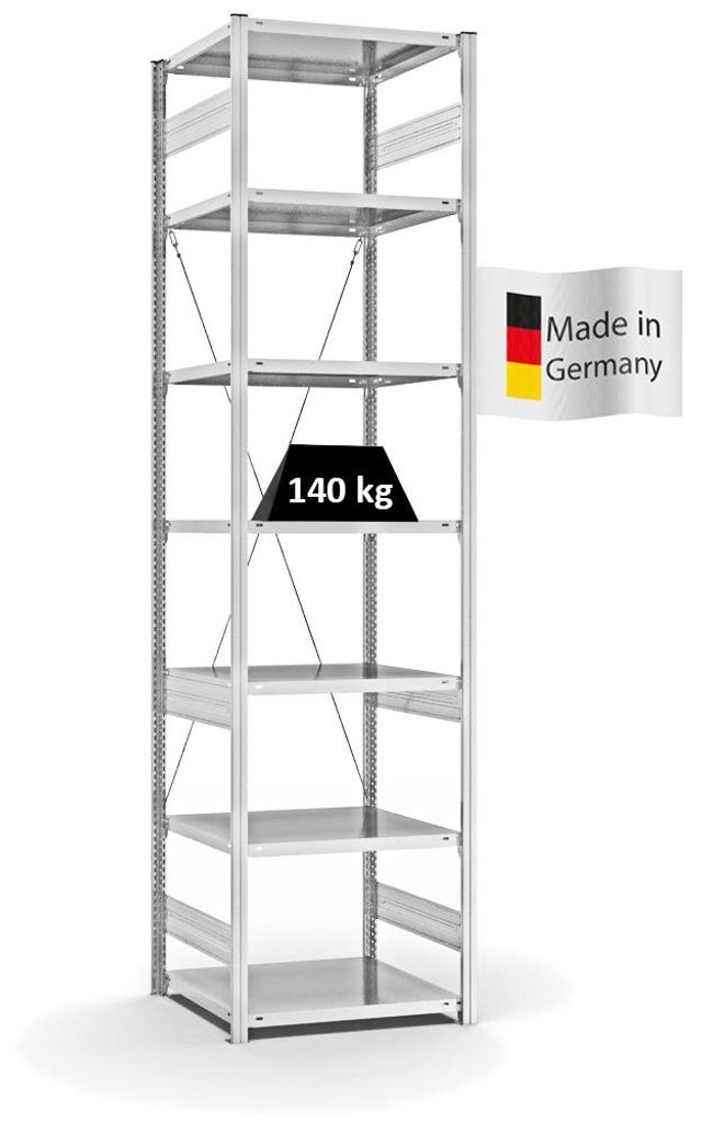 PROREGAL Fachbodenregal Stecksystem MAGNUS Germany | HxBxT 300x75x60cm | 7 Ebenen | Fachlast 140 kg | Einseitig nutzbar | Lichtgrau