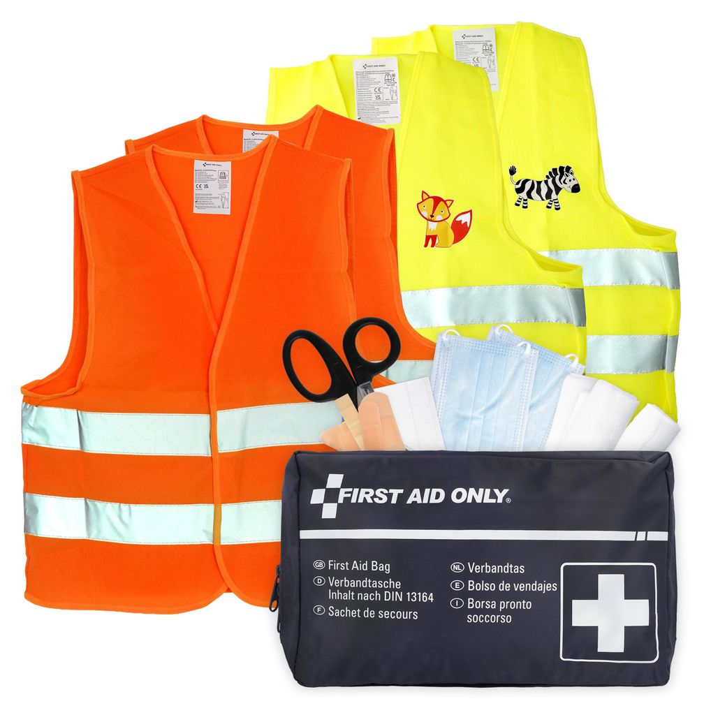 First Aid Only Kfz Verbandtasche DIN 13164 | 2 x Warnweste EN ISO 20471:2013 | 2 x Kinder Warnweste | Auto Pannenset