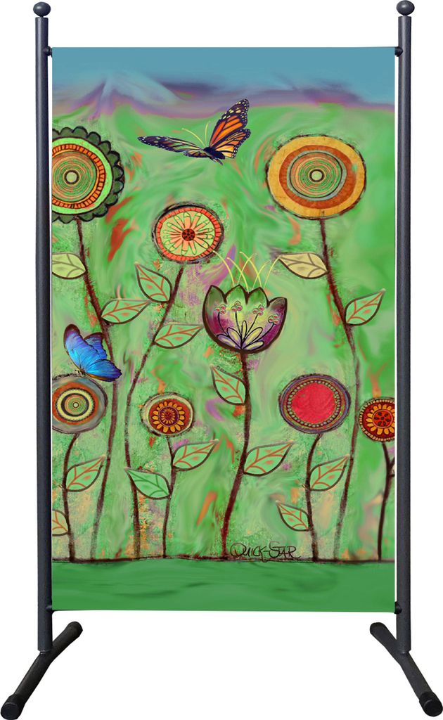 A decorative screen with a floral painting, featuring flowers and butterflies, set on a stand.