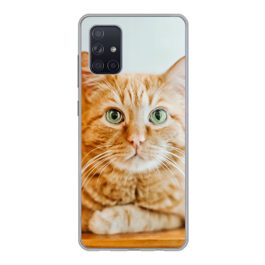 MuchoWow Handyhülle Schutzhülle Hülle für Samsung Galaxy A51 5G Katze - Holz - Schrank Silikon Softcase Handy Hülle - Abbildung