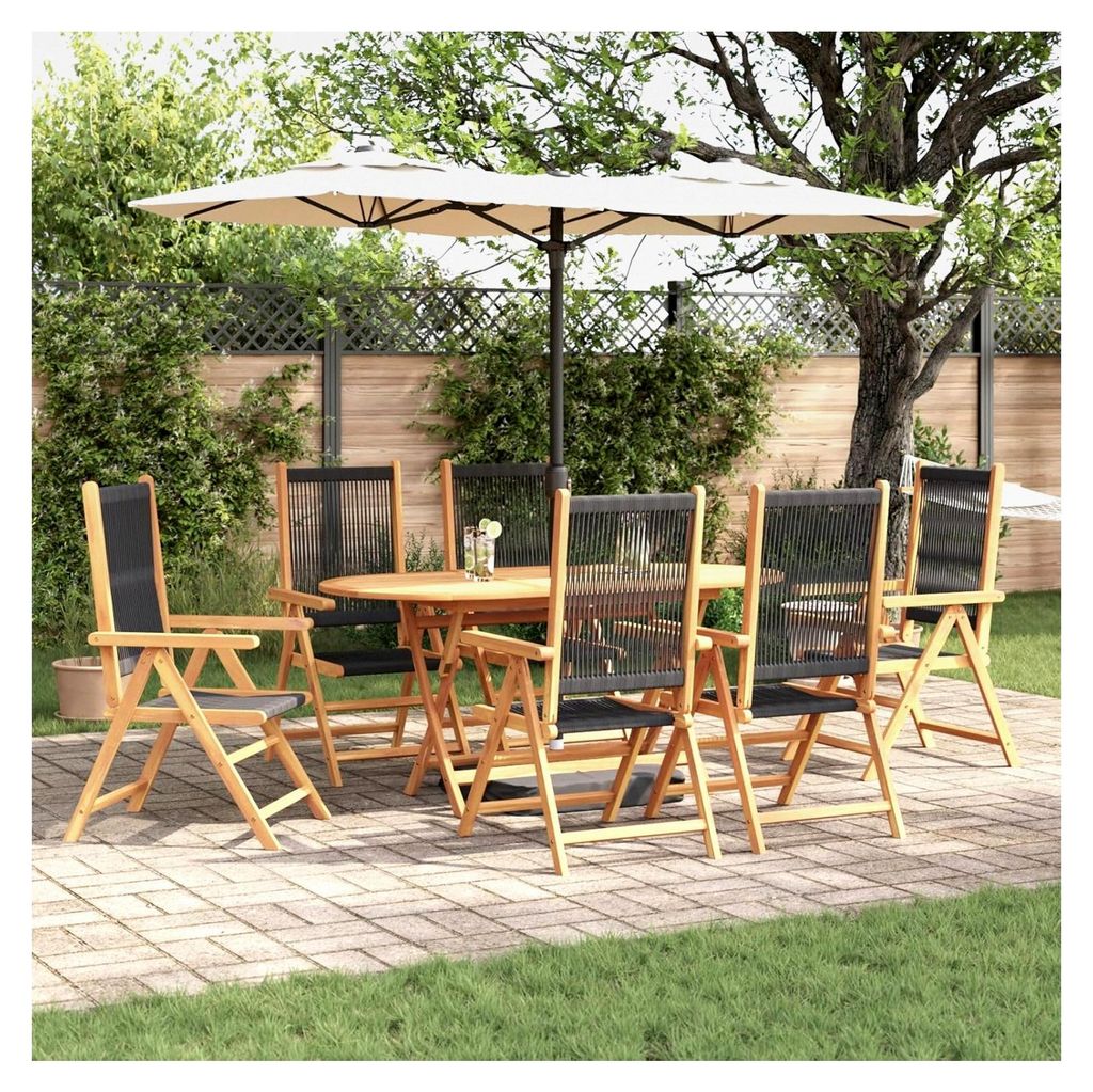 Esstisch-Set für den Außenbereich, 7-teilig, schwarzes Akazienholz mit Polyrattan