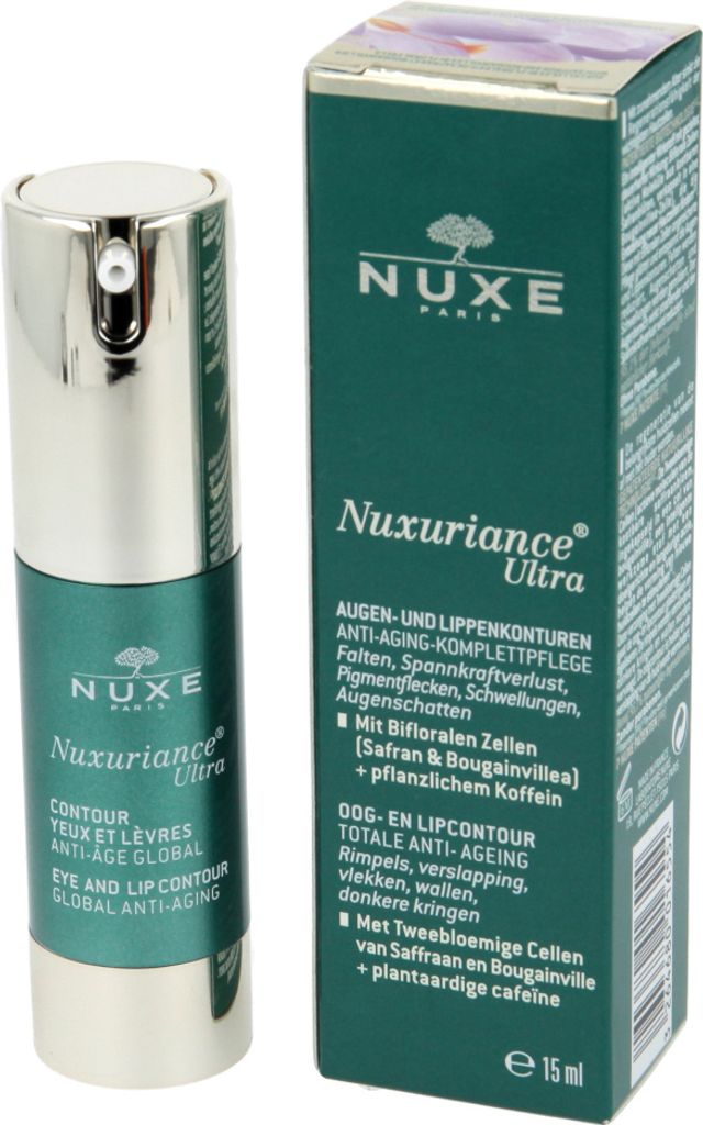 A product shot of a Nuxe Nuxuriance Ultra Rejuvenating Eye and Lip Contour Serum bottle and its packaging.